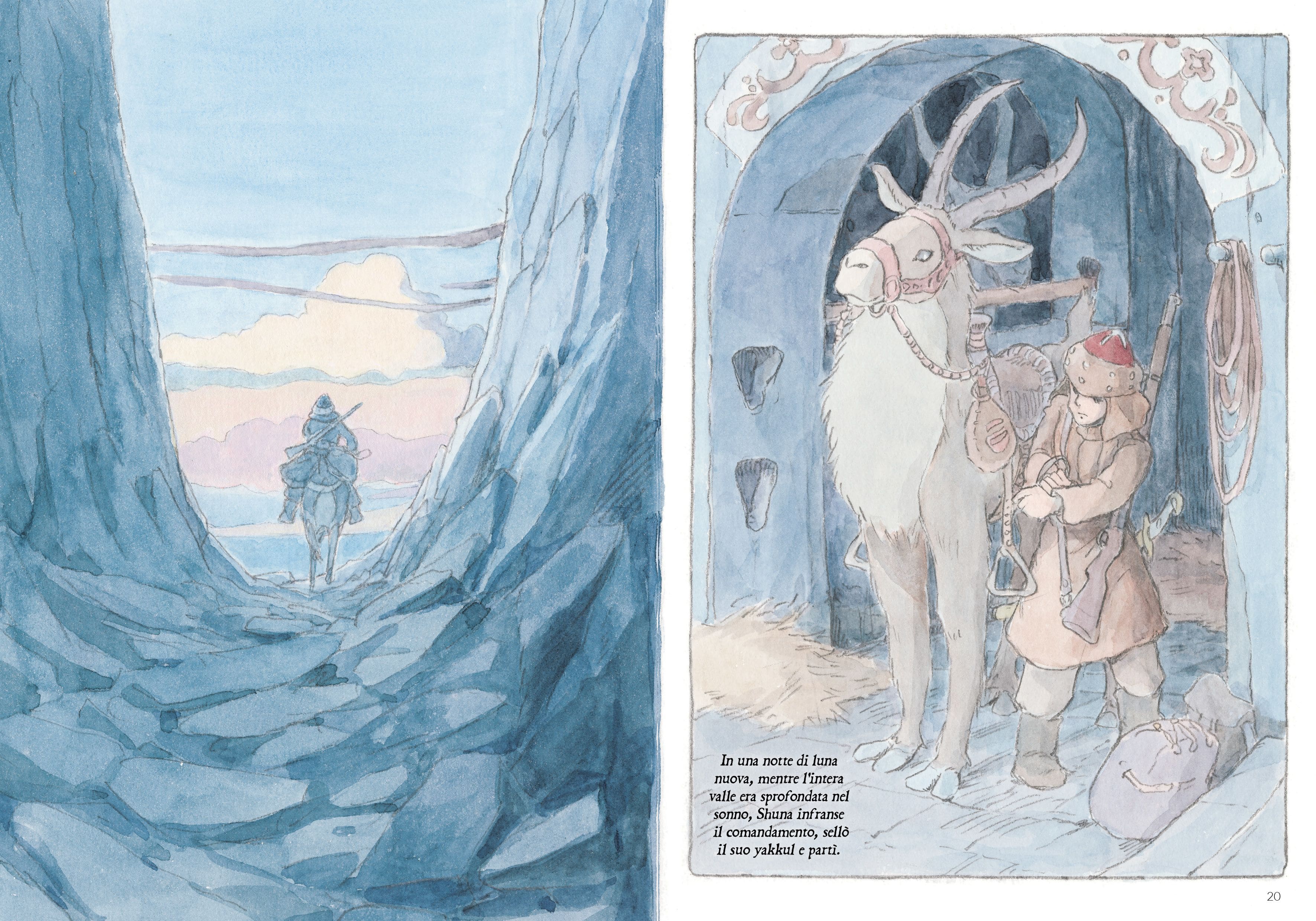 Il principe Shuna sella il suo Yakkul per cominciare il suo viaggio verso Ovest. Da Il Viaggio di Shuna di Hayao Miyazaki (BAO Publishing)