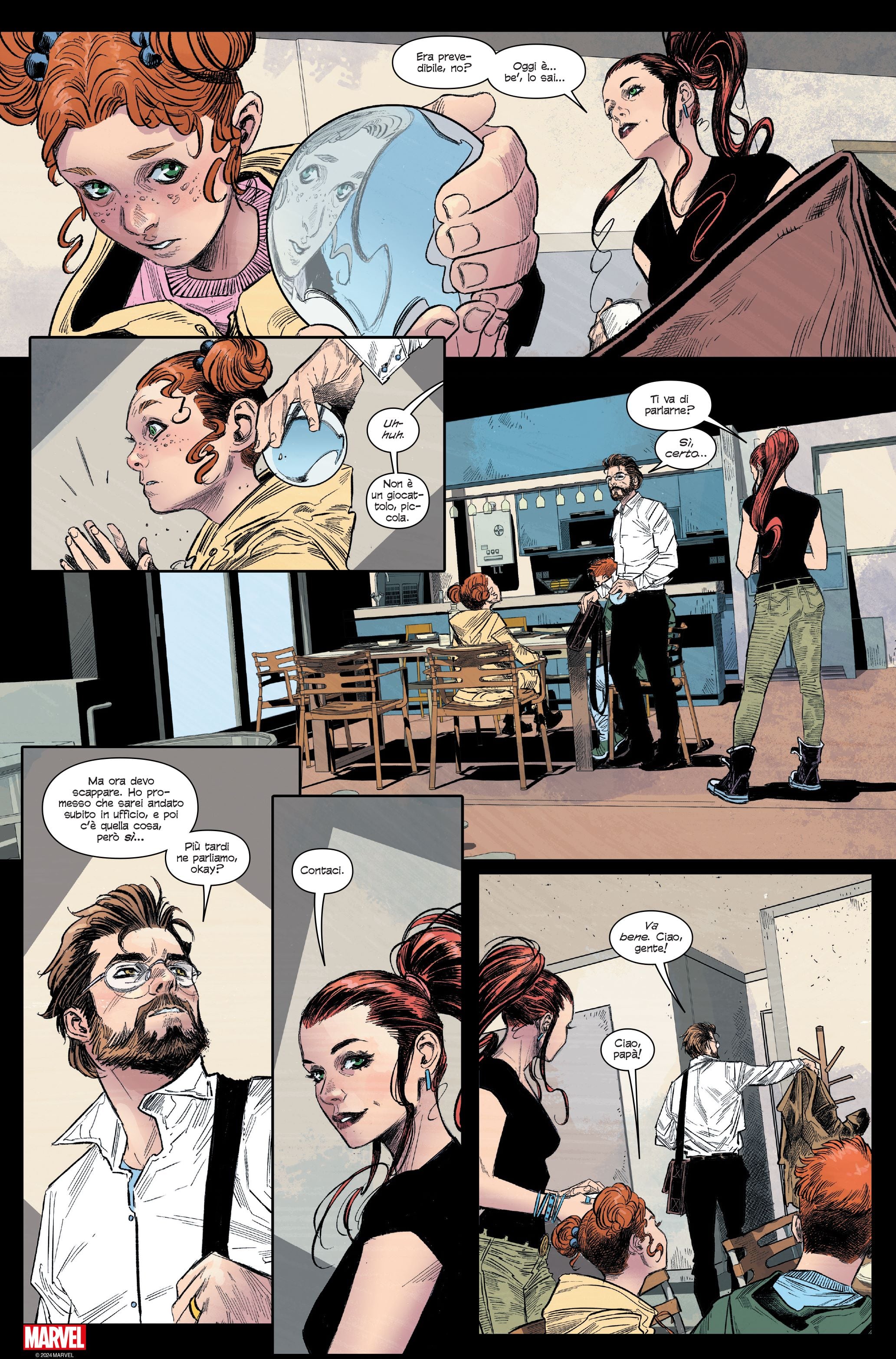 Peter Parker impegnato come papà in una tavola tratta da Ultimate Spider-Man di Jonathan Hickman e Marco Checchetto