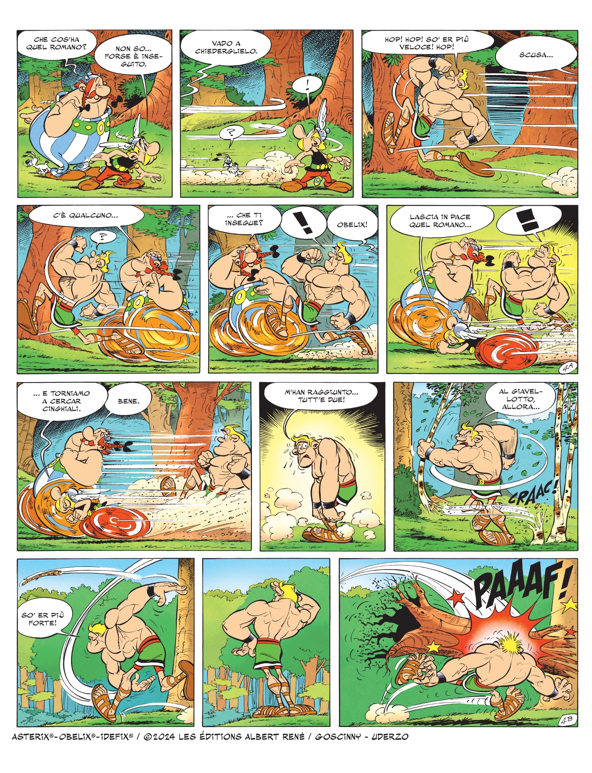 Gli allenamenti di Claudius Cornodorus vengono disturbati da Asterix e Obelix in una tavola tratta da Asterix alle Olimpiadi