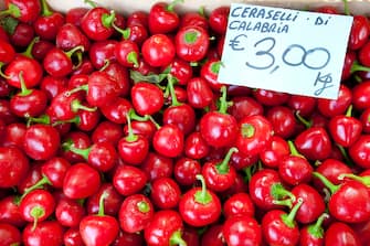 ITALY - SEPTEMBER 25:  Pimento peppers, Ceraselli di Calabria, on sale at weekly street market in Panzano-in-Chianti, Tuscany, Italy  (Photo by Tim Graham/Getty Images)