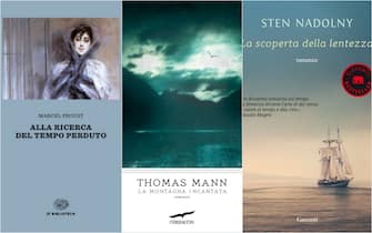 Le copertine dei libri “Alla ricerca del tempo perduto”, di Marcel Proust, “La montagna magica” di Thomas Mann (Corbaccio), “La scoperta della lentezza” di Sten Nadolny (Garzanti)