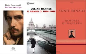 Le copertine dei libri “Delitto e castigo”, di Fëdor Dostoevskij, “Il senso di una fine”, di Julian Barnes (Einaudi), “Memoria di ragazza”, di Annie Ernaux (L'orma)