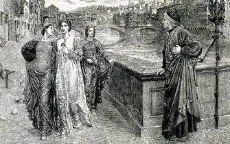 Dante Alighieri (1265-1321). Italian poet. Encounter between Dante and Beatrice. Engraving by C.O. Murray.