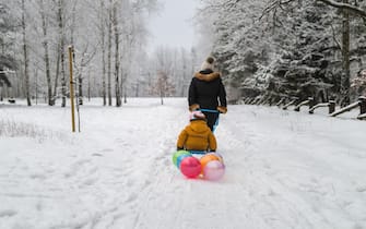 Sledges with children on them and balloons attached pulled on snow by woman in the winter forest
