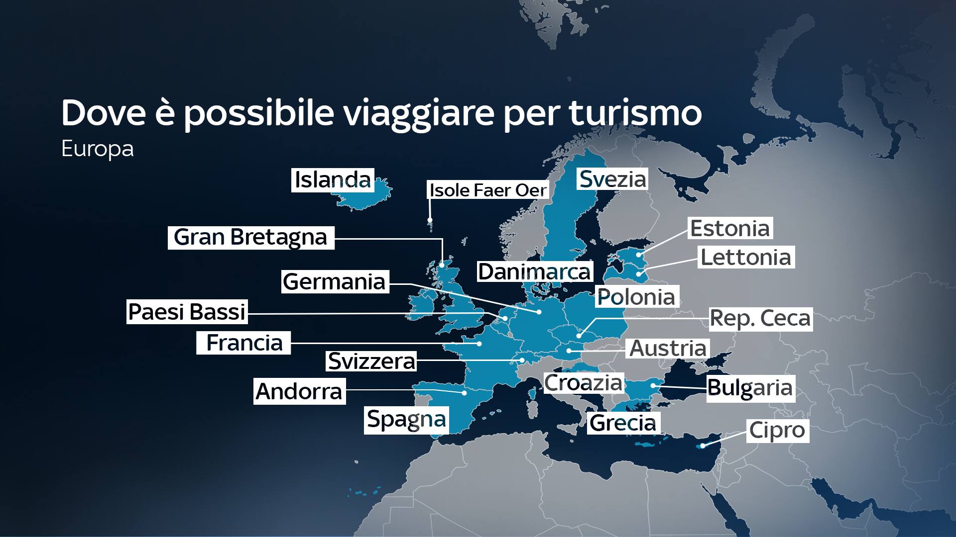 Nell'immagine una mappa dell'Europa con i Paesi dove è possibile andare per turismo
