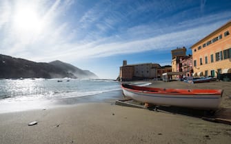 Old village sestri levante with the sea and blue sky with clouds in liguria italy