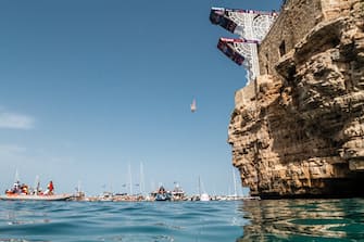 Handout - Gary Hunt of France dives from the 27.5 metre platform during the final competition day of the sixth stop of the Red Bull Cliff Diving World Series at Polignano a Mare, Puglia, Italy on September 26, 2021. Photo by Ricardo Nascimento / Red Bull Red Bull Content Pool via ABACAPRESS.COM