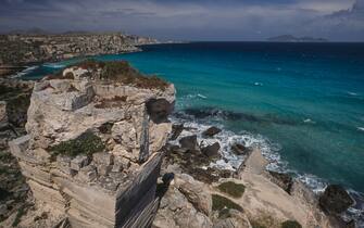 Old tuff quarry near Cala Rossa, Favignana Island, Aegadian Islands, Sicily, Italy.