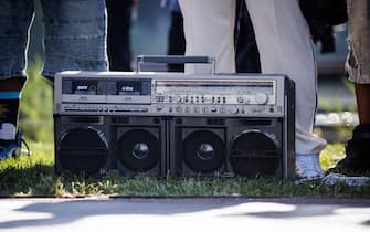 NEW YORK, NEW YORK - AUGUST 11: An old radio cassette player is seen during the Hip Hop 50th Birthday Jam By Universal Hip Hop Museum at Mill Pond Park on August 11, 2023 in New York City. (Photo by Richard Bord/Getty Images)