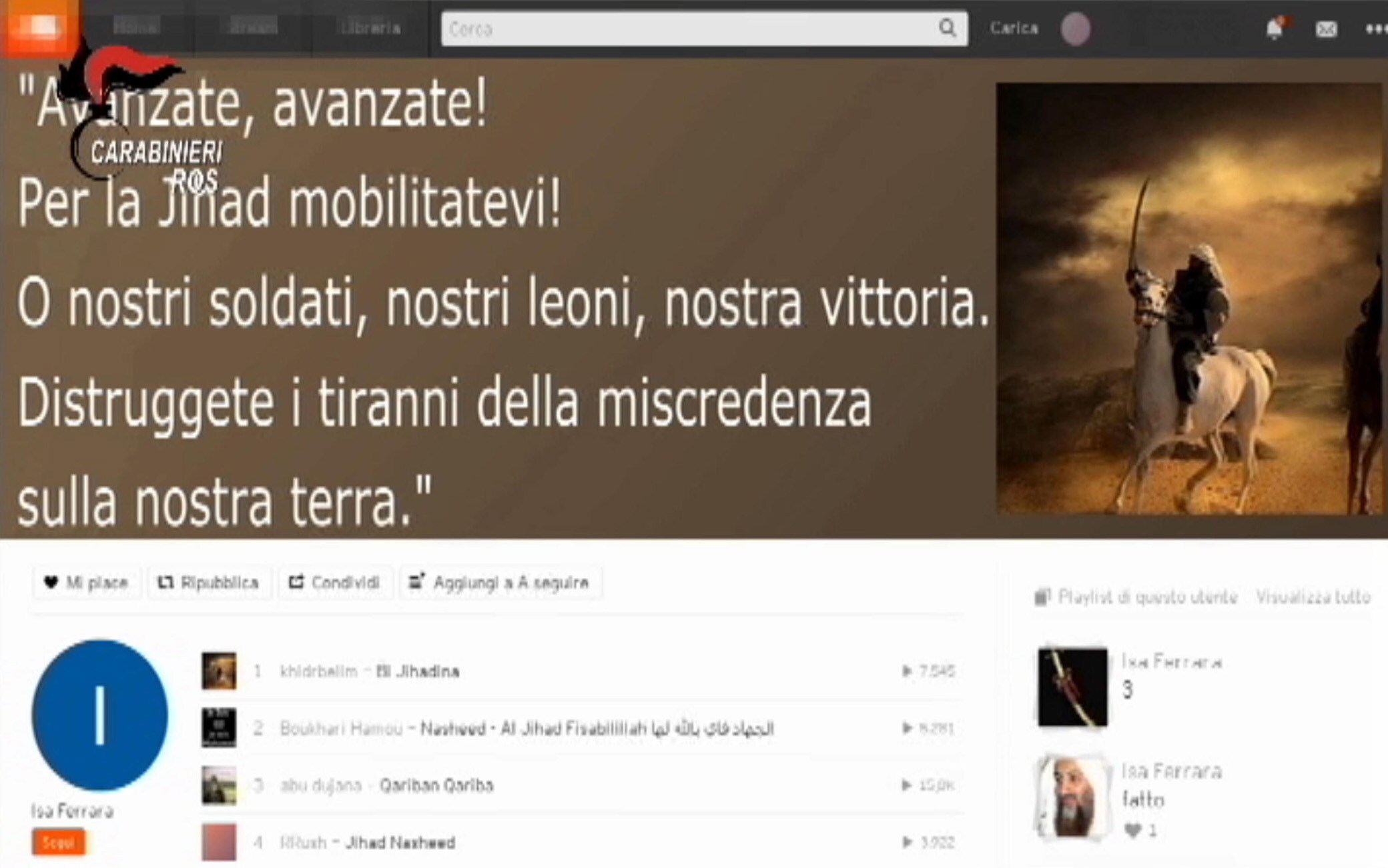 A handout frame made available by the Italian Carabinieri press office on 08 July taken from a video of the Carabinieri shows the interceptions of an anti-terrorism operation that led to the arrest of Nicola Ferrara, 38 years old originally from Bari for apology and instigation to join ISIS in Milan, 08 July 2020.
ANSA / ROS CARABINIERI HO EDITORIAL USE ONLY NO SALES