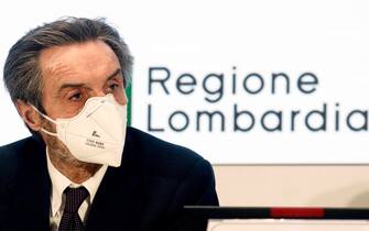 Il Presidente Attilio Fontana durante l'aggiornamento del piano vaccinale della Regione a Palazzo Lombardia a Milano, 24 febbraio 2021.ANSA/Mourad Balti Touati