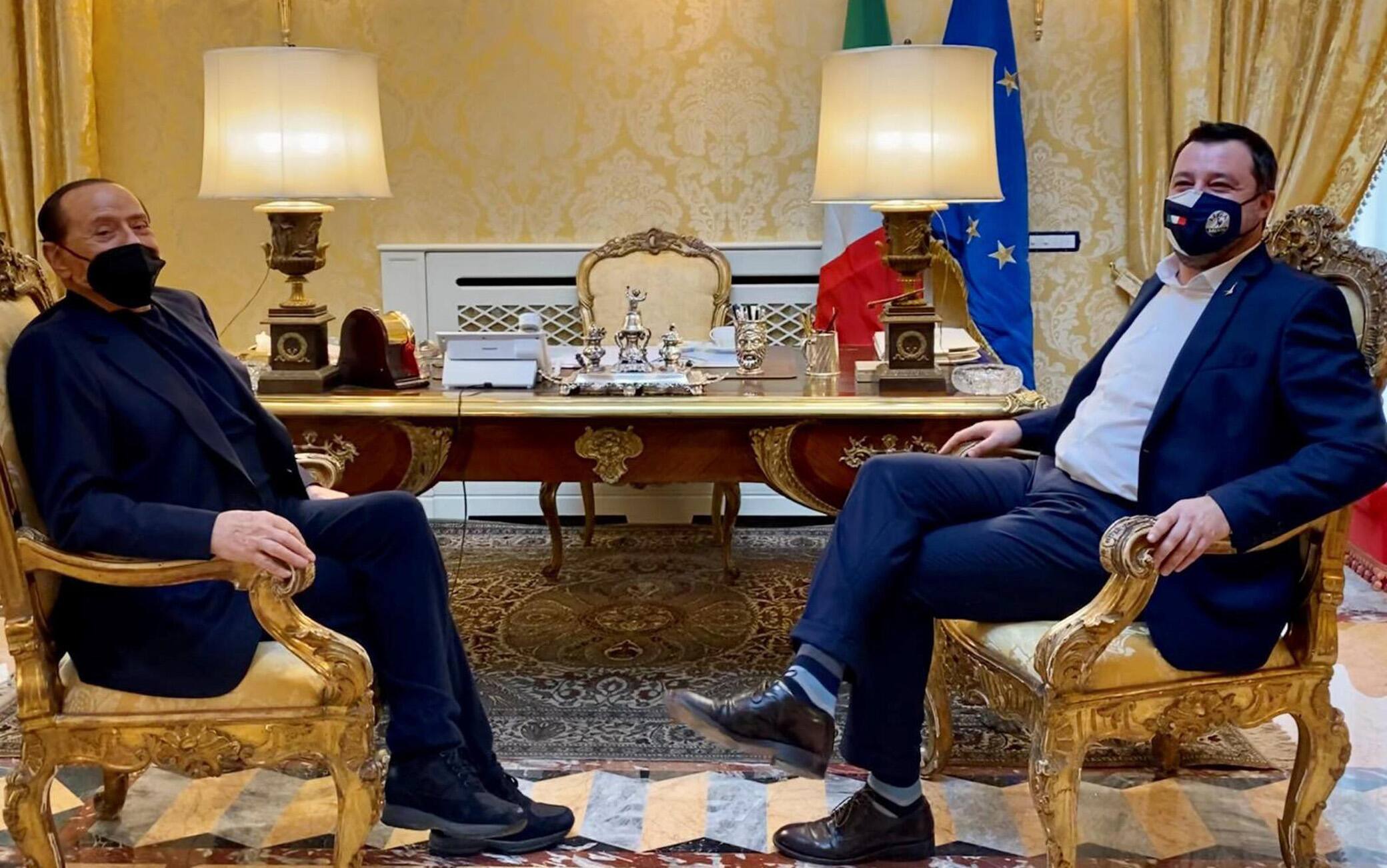 Un momento dell'incontro di Silvio Berlusconi con Matteo Salvini, Roma, 10 febbraio 2021. ANSA/US LEGA +++ NO SALES, EDITORIAL USE ONLY ++