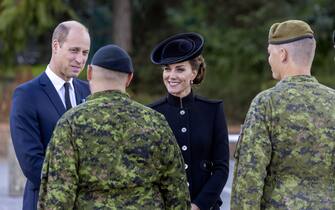 68853317 The Prince and Princess of Wales talking to members of the Canadian military as she meet troops from the Commonwealth, who have been deployed to the UK to take part in the funeral of Queen Elizabeth II, during a visit to the Army Training Centre (ATC) Pirbright in Guildford. Soldiers from Canada, Australia and New Zealand have gathered at Pirbright to rehearse their roles in the funeral on Monday. Picture date: Friday September 16, 2022.