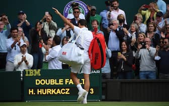 Roger Federer (SUI) during his quarter final round match at the 2021 Wimbledon Championships at the AELTC in London, UK on July 7, 2021. Eight-time Wimbledon champion Roger Federer lost 6-3, 7-6 (4), 6-0 to 14th-seeded Hubert Hurkacz of Poland in the quarterfinals at the All England Club on Wednesday, a surprisingly lopsided finish to Federer&#x92;s 22nd appearance in the tournament. Photo by Corinne Dubreuil/ABACAPRESS.COM