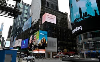1223647535 NEW YORK, NEW YORK - MAY 08: A Trump Death Clock which calculates the portion of U.S. COVID-19 deaths caused by President Trump’s delayed response to the coronavirus pandemic was unveiled by Eugene Jarecki in Times Square during the coronavirus pandemic on May 08, 2020 in New York City. COVID-19 has spread to most countries around the world, claiming over 271,000 lives and infecting nearly 4 million people. (Photo by Dia Dipasupil/Getty Images)