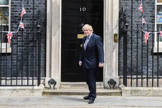 LONDON, ENGLAND  - MAY 08: British Prime Minister Boris Johnson is seen outside Number 10 Downing Street on May 8, 2020 in London, United Kingdom.The UK commemorates the 75th Anniversary of Victory in Europe Day (VE Day) with a pared-back rota of events due to the coronavirus lockdown. On May 8th, 1945 the Allied Forces of World War II celebrated the formal acceptance of surrender of Nazi Germany. (Photo by Peter Summers/Getty Images)