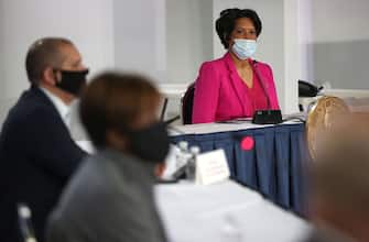 WASHINGTON, DC - MAY 11:  Washington DC Mayor Muriel Bowser introduces a new field hospital that features 437 beds for coronavirus patients, built by the U.S. Army Corps of Engineers and members of the National Guard at a press conference inside the Walter E. Washington Convention Center May 11, 2020 in Washington, DC. The field hospital is a part of the cityâ  s medical surge response plan as an alternate care site to assist hospitals in treating COVID-19 patients if the capacity of local hospitals is overburdened. (Photo by Win McNamee/Getty Images)