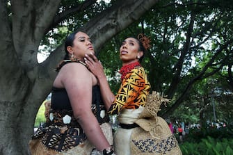 SYDNEY, AUSTRALIA - FEBRUARY 29: Drag Queens Anita Maka from Tonga and Sarina Leilua from Samoa pose in Hyde Park during  the 2020 Sydney Gay & Lesbian Mardi Gras Parade on February 29, 2020 in Sydney, Australia.  The Sydney Mardi Gras parade began in 1978 as a march and commemoration of the 1969 Stonewall Riots of New York. It is an annual event promoting awareness of gay, lesbian, bisexual and transgender issues and themes. (Photo by Lisa Maree Williams/Getty Images)