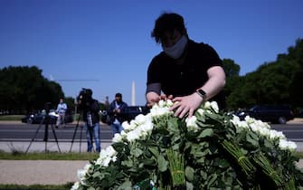 WASHINGTON, DC - MAY 13:  Robby Diesu, an activist with Move On, places white roses at a memorial for victims of COVID-19 on the National Mall May 13, 2020 in Washington, DC. More than 80,000 Americans have died from coronavirus in the past three months.  (Photo by Win McNamee/Getty Images)