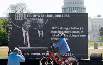 MoveOn.org stages a protest against the handling of the COVID-19 coronavirus pandemic by US President Donald Trump near the US Capitol in Washington, DC, May 13, 2020. (Photo by SAUL LOEB / AFP) (Photo by SAUL LOEB/AFP via Getty Images)