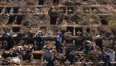Aerial view of workers of the General Cemetery digging graves in Santiago May 14, 2020, amid the new coronavirus pandemic. - Health authorities ordered the General Cemetery of Santiago to enable over 1,700 graves under the possibility of an increase in deaths from COVID-19. (Photo by MARTIN BERNETTI / AFP) (Photo by MARTIN BERNETTI/AFP via Getty Images)