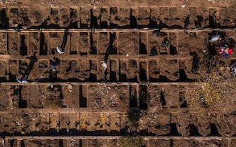 Aerial view of workers of the General Cemetery digging graves in Santiago May 14, 2020, amid the new coronavirus pandemic. - Health authorities ordered the General Cemetery of Santiago to enable over 1,700 graves under the possibility of an increase in deaths from COVID-19. (Photo by MARTIN BERNETTI / AFP) (Photo by MARTIN BERNETTI/AFP via Getty Images)