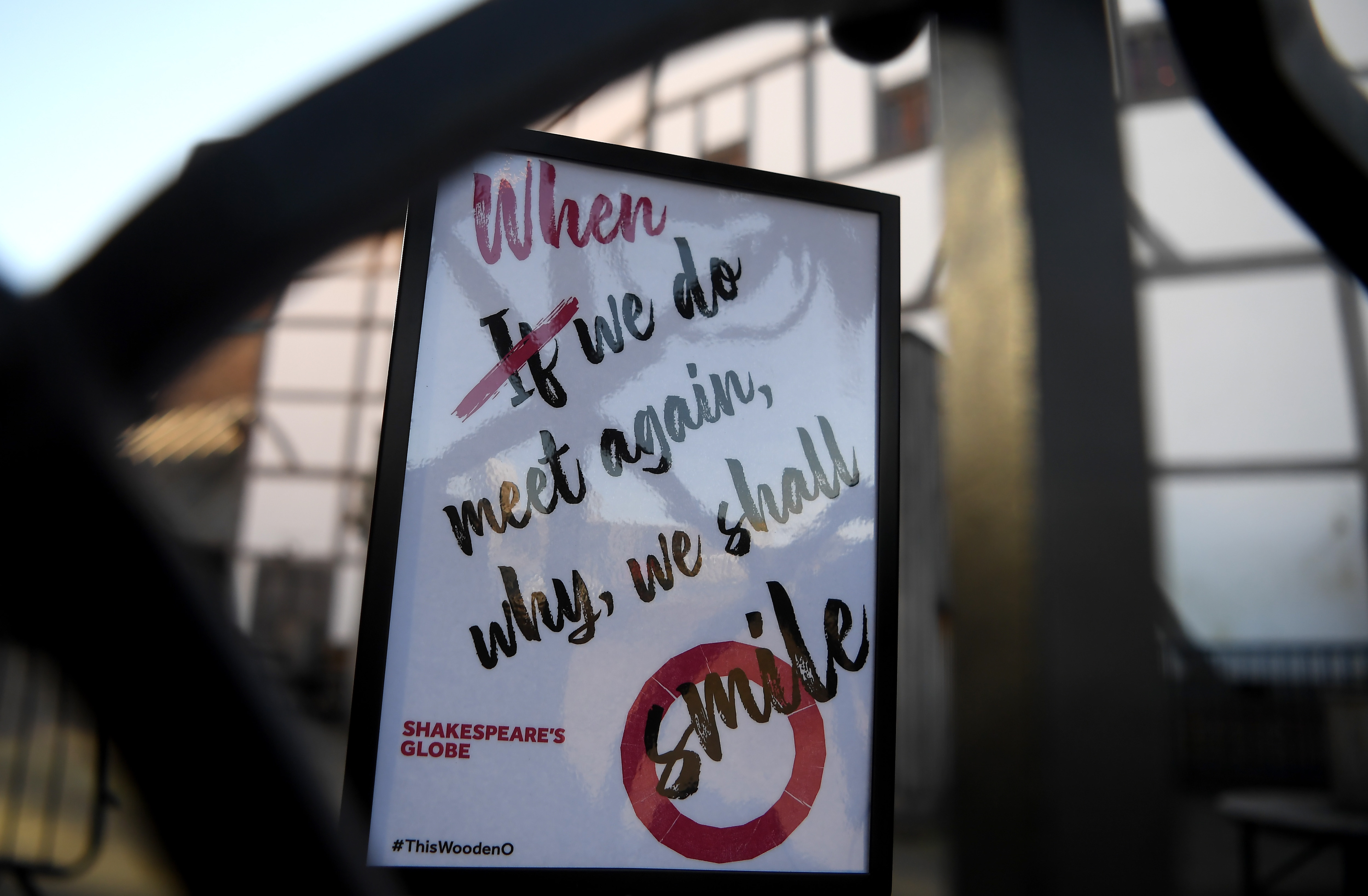 1214109485 LONDON, ENGLAND - MARCH 22: A sign is seen outside the Globe Theatre on March 22, 2020 in London, England. Coronavirus (COVID-19) has spread to at least 188 countries, claiming over 13,000 lives and infecting more than 300,000 people. There have now been 5,018 diagnosed cases in the UK and 233 deaths. (Photo by Alex Davidson/Getty Images)
