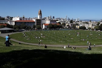 SAN FRANCISCO, CALIFORNIA - MAY 20:  New social distancing circles are shown at Dolores Park on May 20, 2020 in San Francisco, California. The move follows similar moves by other parks in cities around the world in an effort to get back to some semblance of normalcy.  (Photo by Justin Sullivan/Getty Images)