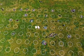 SAN FRANCISCO, CALIFORNIA - MAY 20: In an aerial view by drone, new social distancing circles are shown at Dolores Park on May 20, 2020 in San Francisco, California. The move follows similar efforts by other parks in cities around the world in an effort to get back to some semblance of normalcy.  (Photo by Justin Sullivan/Getty Images)