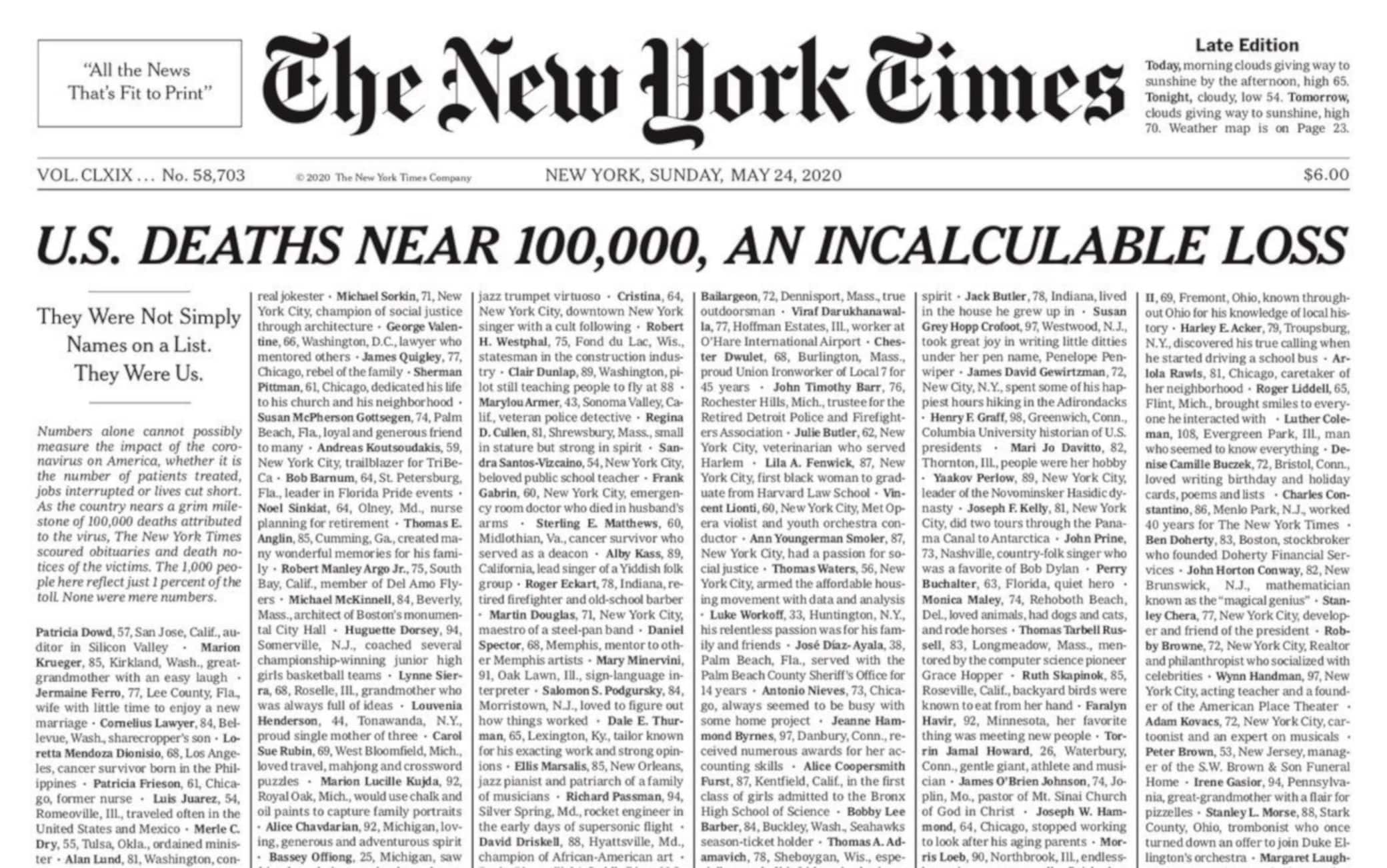 New York Times, vittime coronavirus