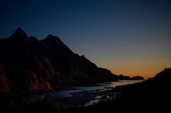 Tangstad fjord is seen at sunset, Lofoten Islands, beyond Arctic Circle,  on September 24, 2019. (Photo by Olivier MORIN / AFP)        (Photo credit should read OLIVIER MORIN/AFP via Getty Images)