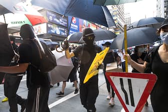 HONG KONG, CHINA - MAY 27: Hong Kong protesters rally against China's national security law at Mongkok district on May 27, 2020 in Hong Kong, China. Chinese Premier Li Keqiang said on Friday during the National People's Congress that Beijing would establish a sound legal system and enforcement mechanism for safeguarding national security in Hong Kong.(Photo by Billy H.C. Kwok/Getty Images)