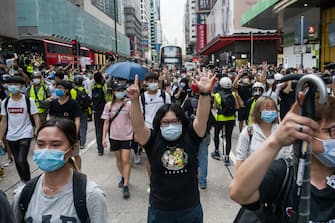 HONG KONG, CHINA - MAY 27: Hong Kong protesters rally against China's national security law at Mongkok district on May 27, 2020 in Hong Kong, China. Chinese Premier Li Keqiang said on Friday during the National People's Congress that Beijing would establish a sound legal system and enforcement mechanism for safeguarding national security in Hong Kong.(Photo by Billy H.C. Kwok/Getty Images)