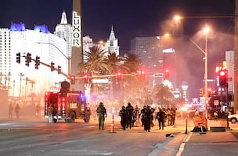 LAS VEGAS, NEVADA - MAY 31: Las Vegas Metropolitan Police Officers walk down Las Vegas Boulevard during a Black Lives Matter demonstration demanding justice for the death of George Floyd on May 31, 2020 in Las Vegas, Nevada. Demonstrations are being held across the country after Floyd died in police custody on May 25th in Minneapolis, Minnesota. (Photo by Denise Truscello/Getty Images )