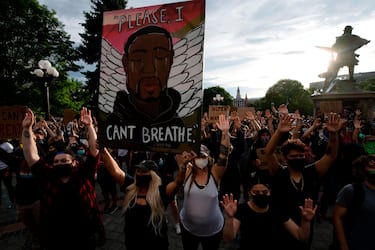 Demonstrators gather at the Colorado State Capital in Denver, Colorado on May 31, 2020, to protest the death of George Floyd, an unarmed black man who died while while being arrested and pinned to the ground by the knee of a Minneapolis police officer. - Thousands of National Guard troops patrolled major US cities  after five consecutive nights of protests over racism and police brutality that boiled over into arson and looting, sending shock waves through the country. The death Monday of an unarmed black man, George Floyd, at the hands of police in Minneapolis ignited this latest wave of outrage in the US over law enforcement's repeated use of lethal force against African Americans -- this one like others before captured on cellphone video. (Photo by Jason Connolly / AFP) (Photo by JASON CONNOLLY/AFP via Getty Images)