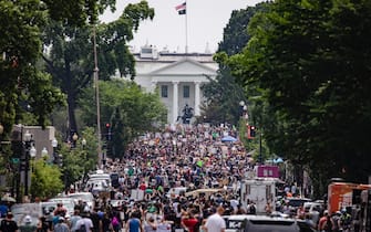 WASHINGTON, DC - JUNE 06: Protestors gather along 16th Street NW near the White House during George Floyd protests on June 6, 2020 in Washington, D.C. This is the 12th day of protests since George Floyd died in Minneapolis police custody on May 25. (Photo by Samuel Corum/Getty Images)