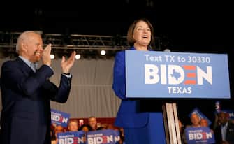DALLAS, TX - MARCH 02: Democratic presidential candidate former Vice President Joe Biden is joined on stage by Sen. Amy Klobuchar (D-MN) during a campaign event on March 2, 2020 in Dallas, Texas. Klobuchar has suspended her campaign and endorsed Biden before the upcoming Super Tuesday Democratic presidential primaries. (Photo by Ron Jenkins/Getty Images)