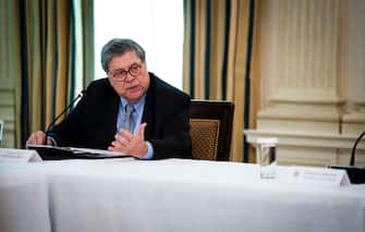 WASHINGTON, DC - JUNE 08: Attorney General William Barr speaks during in a roundtable with law enforcement officials in the State Dining Room of the White House, June, 8, 2020 in Washington, DC. (Photo by Doug Mills-Pool/Getty Images)