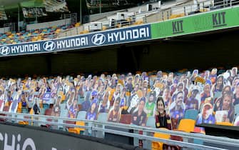BRISBANE, AUSTRALIA - JUNE 13: Cardboard cut outs of fans are seen during the round 2 AFL match between the Brisbane Lions and the Fremantle Dockers at The Gabba on June 13, 2020 in Brisbane, Australia. (Photo by Bradley Kanaris/Getty Images)