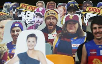 BRISBANE, AUSTRALIA - JUNE 13: Cardboard cut outs of fans are seen before the round 2 AFL match between the Brisbane Lions and the Fremantle Dockers at The Gabba on June 13, 2020 in Brisbane, Australia. (Photo by Jono Searle/AFL Photos/Getty Images)
