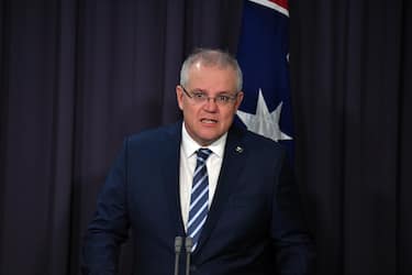 epa08494940 Australian Prime Minister Scott Morrison speaks during a press conference at Parliament House in Canberra, Australia, 19 June 2020. Morrison revealed a 'state-based' cyber attack targeting Australian government and businesses.  EPA/MICK TSIKAS AUSTRALIA AND NEW ZEALAND OUT