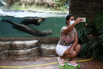 epa08501301 A woman wearing a mask takes a photo with the giant otter pond at the Cali Zoo, Colombia, 21 June 2020. On 21 June and after being closed for more than three months, the Cali Zoo is the first in Latin America to open its doors to the public again in the midst of the COVID-19 pandemic and under the strictest biosecurity measures.  EPA/Pablo Rodriguez