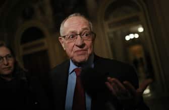 WASHINGTON, DC - JANUARY 29:  Attorney Alan Dershowitz, a member of President Donald Trump's legal team, speaks to the press in the Senate Reception Room during the Senate impeachment trial at the U.S. Capitol on January 29, 2020 in Washington, DC. Wednesday begins the question-and-answer phase of the impeachment trial that will last up to 16 hours over the next two days. (Photo by Mario Tama/Getty Images)