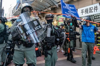 1223354381 HONG KONG, CHINA - JUNE 28: Riot police setup cordon during a protest against the national security law on June 28, 2020 in Hong Kong, China. (Photo by Anthony Kwan/Getty Images)