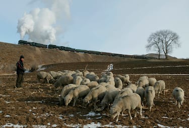 A Shepard tends his flock amid the bleak winter landscape of the Jing Peng Pass, Inner Mongolia, as a brace of QJ Class 2-10-2s emerge from tunnel No 4 at the head of a westbound freight from Holoku to Daban, 29th November 2004. (Photo by Rail Photo/Construction Photography/Avalon/Getty Images)