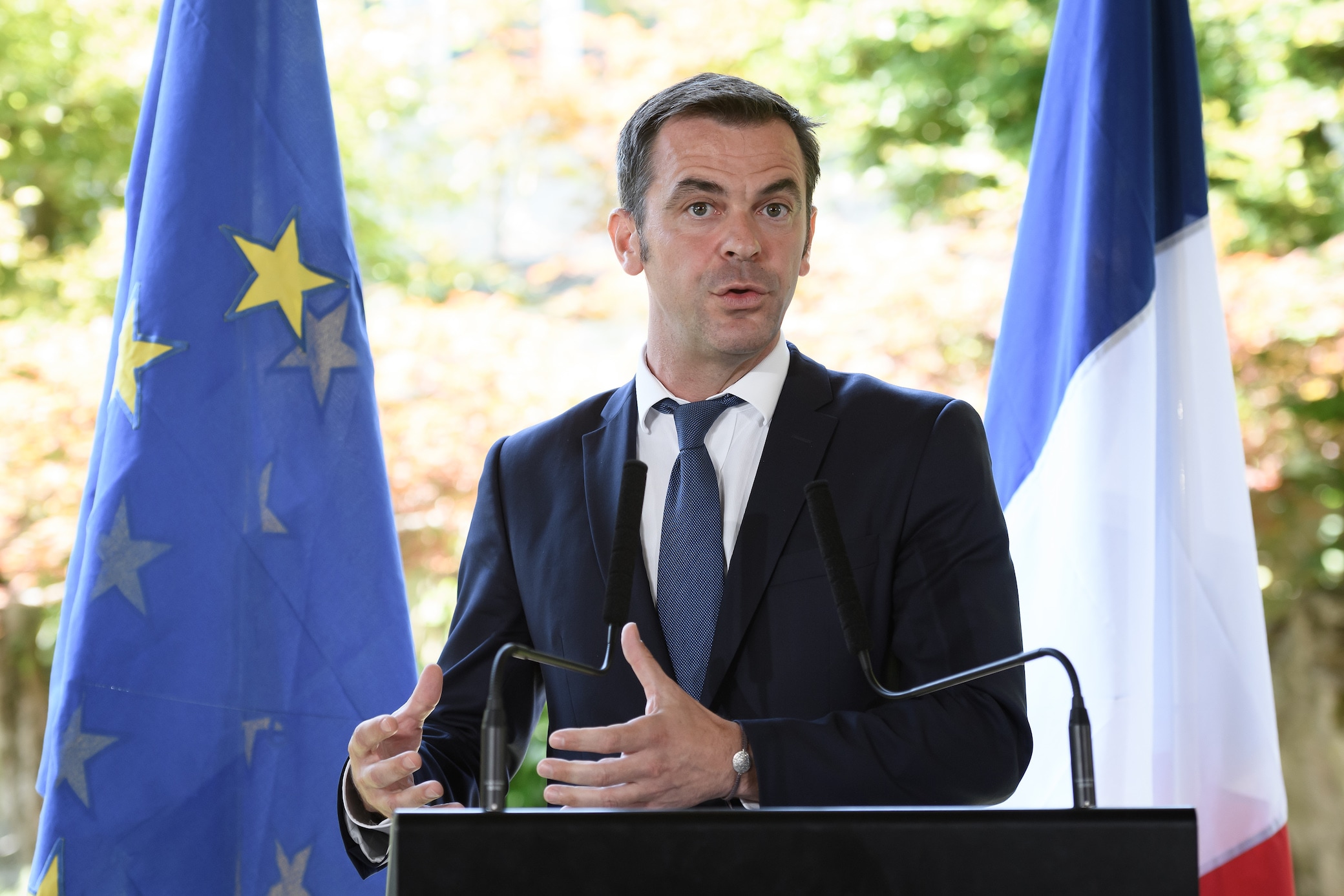 1222796315 French Health and Solidarity Minister Olivier Veran attends a press conference with social distance following a meeting amid the COVID-19 outbreak, caused by the novel coronavirus at the World Health Organization headquarters in Geneva on June 25, 2020. (Photo by Fabrice COFFRINI / AFP) (Photo by FABRICE COFFRINI/AFP via Getty Images)