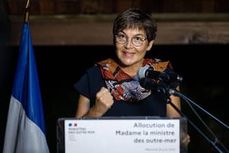 1222748594 French Overseas Minister Annick Girardin speaks following a working visit on the management of the novel coronavirus, COVID 19 crisis in Cayenne on June 24, 2020 (Photo by jody amiet / AFP) (Photo by JODY AMIET/AFP via Getty Images)