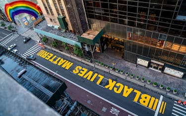NEW YORK, NY - JULY 13: A Black lives Matter mural that was painted on 5th Avenue is seen directly in front of Trump Tower on July 13, 2020 in New York City. In a tweet, President Trump called the mural a "symbol of hate" and said that it would be "denigrating this luxury Avenue". (Photo by David Dee Delgado/Getty Images)