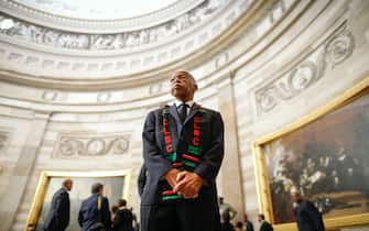 Rep. John Lewis, D-Ga., and other members of the Congressional Black Caucus as they wait to enter as a group to attend the memorial services for Rep. Elijah Cummings, D-Md., at the U.S. Capitol in Washington, Thursday, Oct. 24, 2019. (AP Photo/Pablo Martinez Monsivais, pool)
