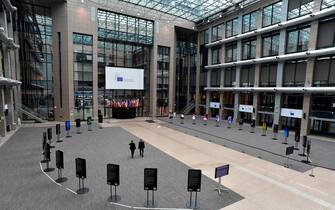 General view of the empty media area in the atrium of the EU Council building on the fourth day of an EU summit in Brussels, on July 20, 2020, as the leaders of the European Union hold their first face-to-face summit over a post-virus economic rescue plan. - The 27 EU leaders gather for another session of talks after three days and nights of prolonged wrangling failed to agree a 750-billion-euro ($860-billion) bundle of loans and grants to drag Europe out of the recession caused by the coronavirus pandemic (COVID-19). (Photo by JOHN THYS / POOL / AFP) (Photo by JOHN THYS/POOL/AFP via Getty Images)